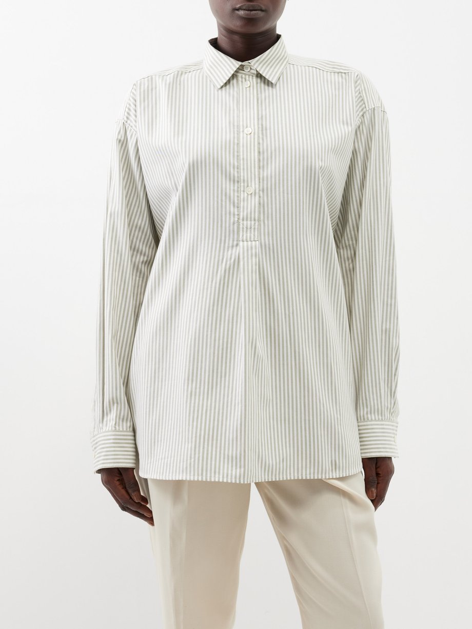 Green Striped half-placket organic-cotton Oxford shirt | Toteme ...