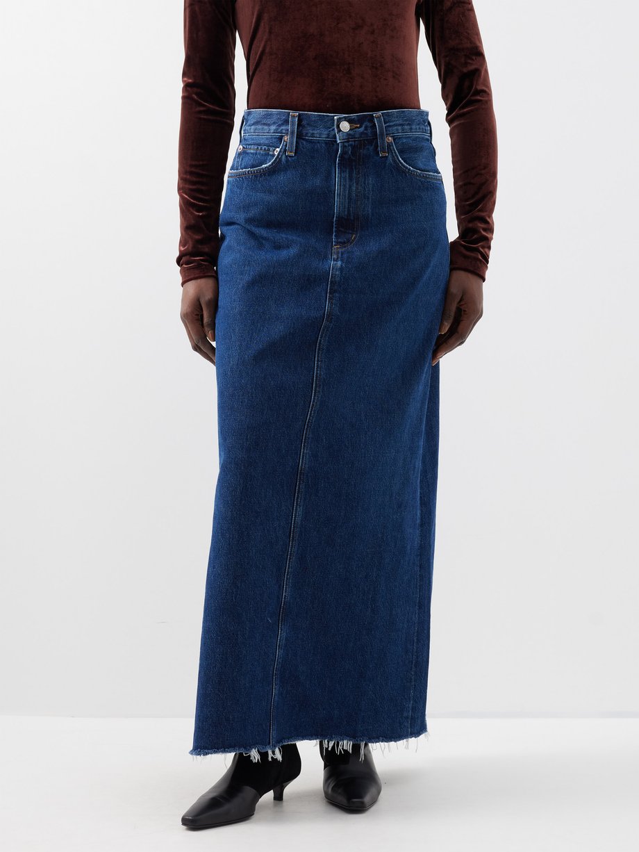 RE/DONE + NET SUSTAIN Frayed paneled organic denim maxi skirt | NET-A-PORTER