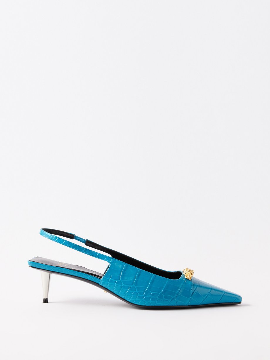 Blue Louisa 45 crocodile-effect leather slingback pumps | Gucci ...