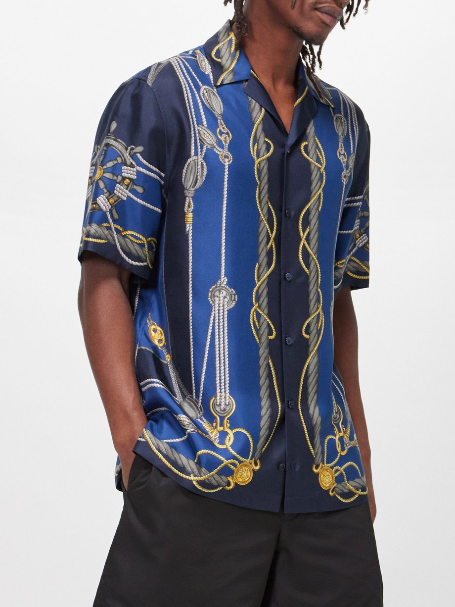Navy multi Nautical-print silk-twill shirt | Versace | MATCHES UK