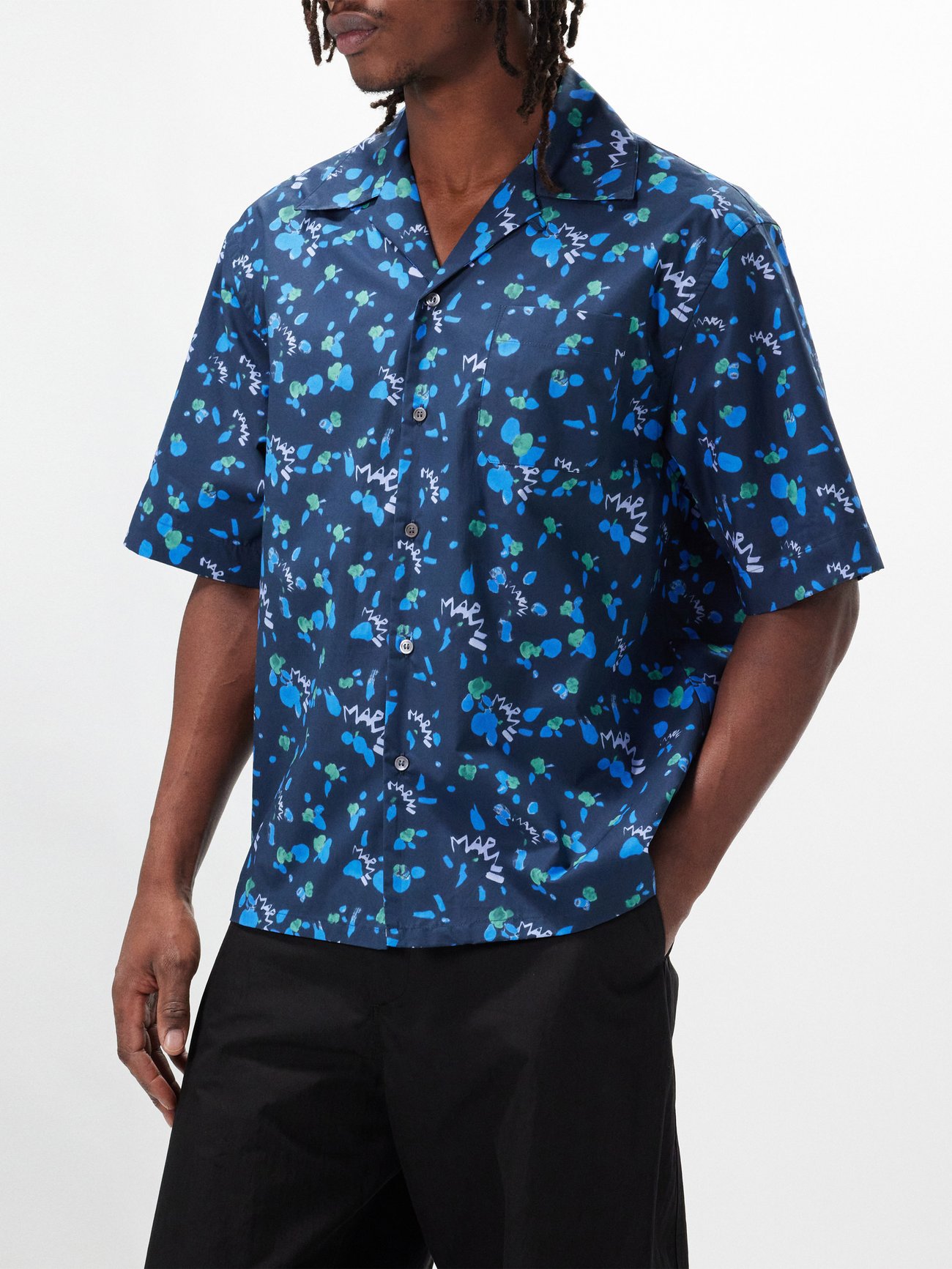 Navy Cuban collar graphic-print short-sleeve shirt | Marni | MATCHES UK