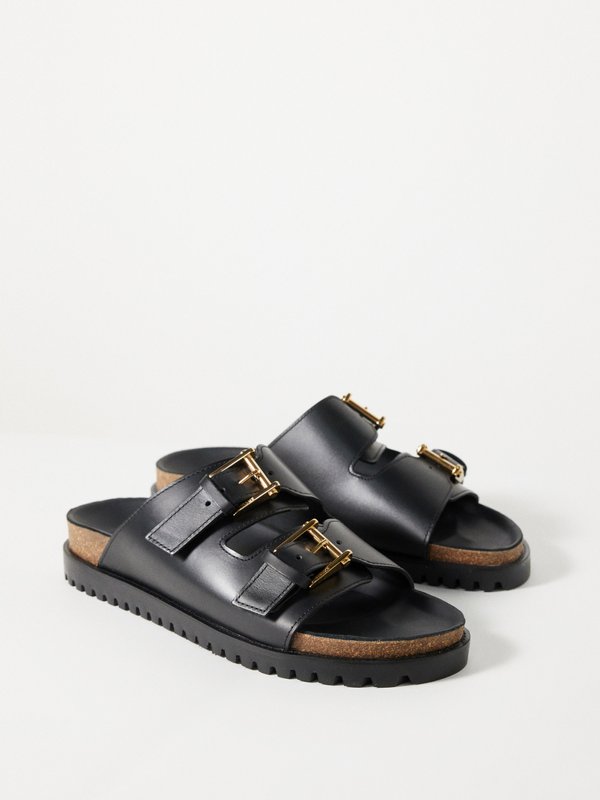 Black Twin strap smooth-leather sandals | Versace | MATCHES UK