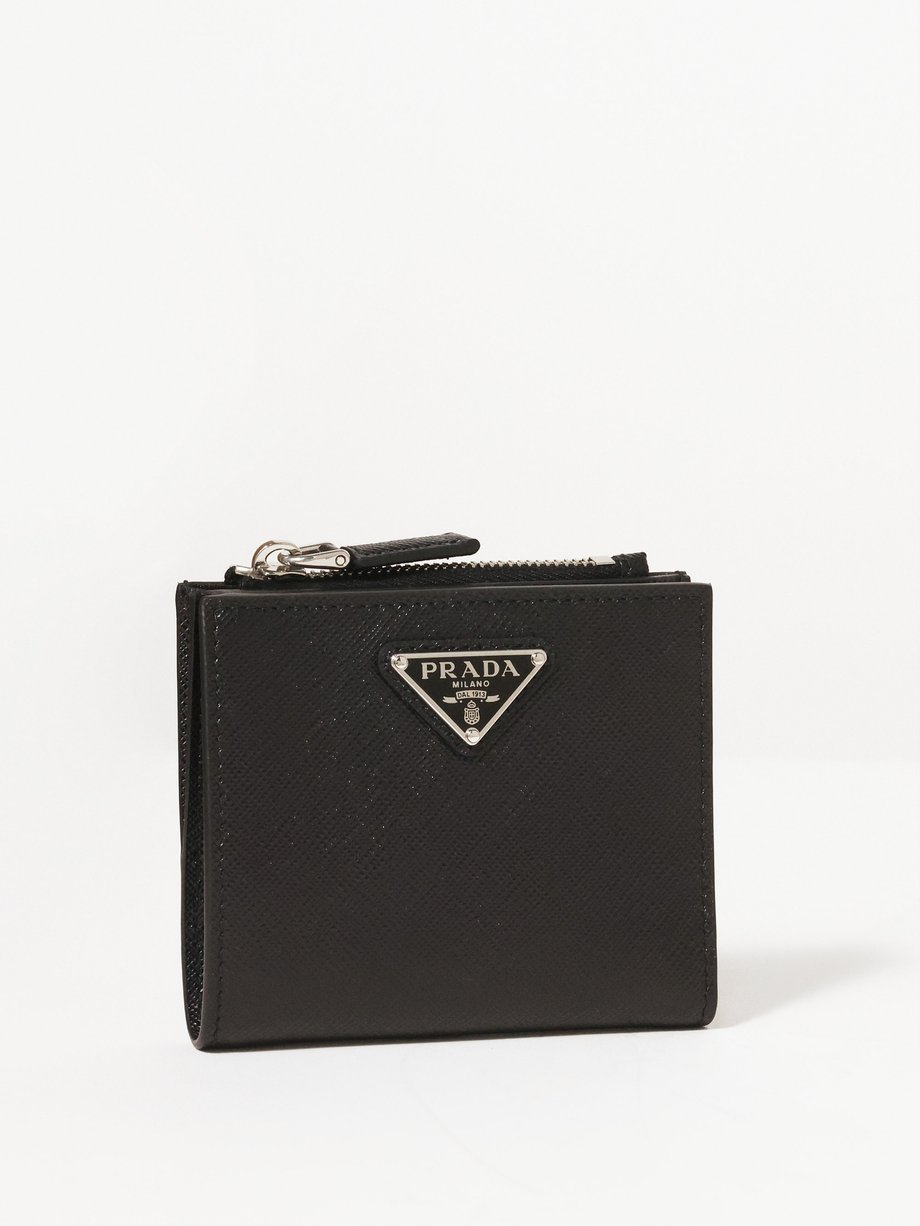 Black Logo-plaque saffiano-leather bi-fold card holder | Prada | MATCHES UK