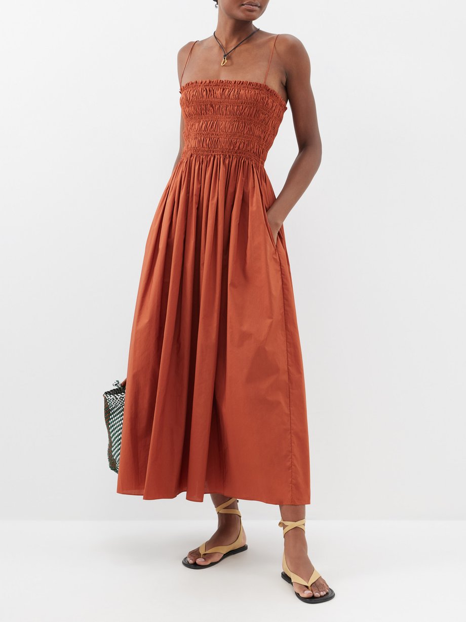 Orange Shirred-bodice organic-cotton poplin midi dress