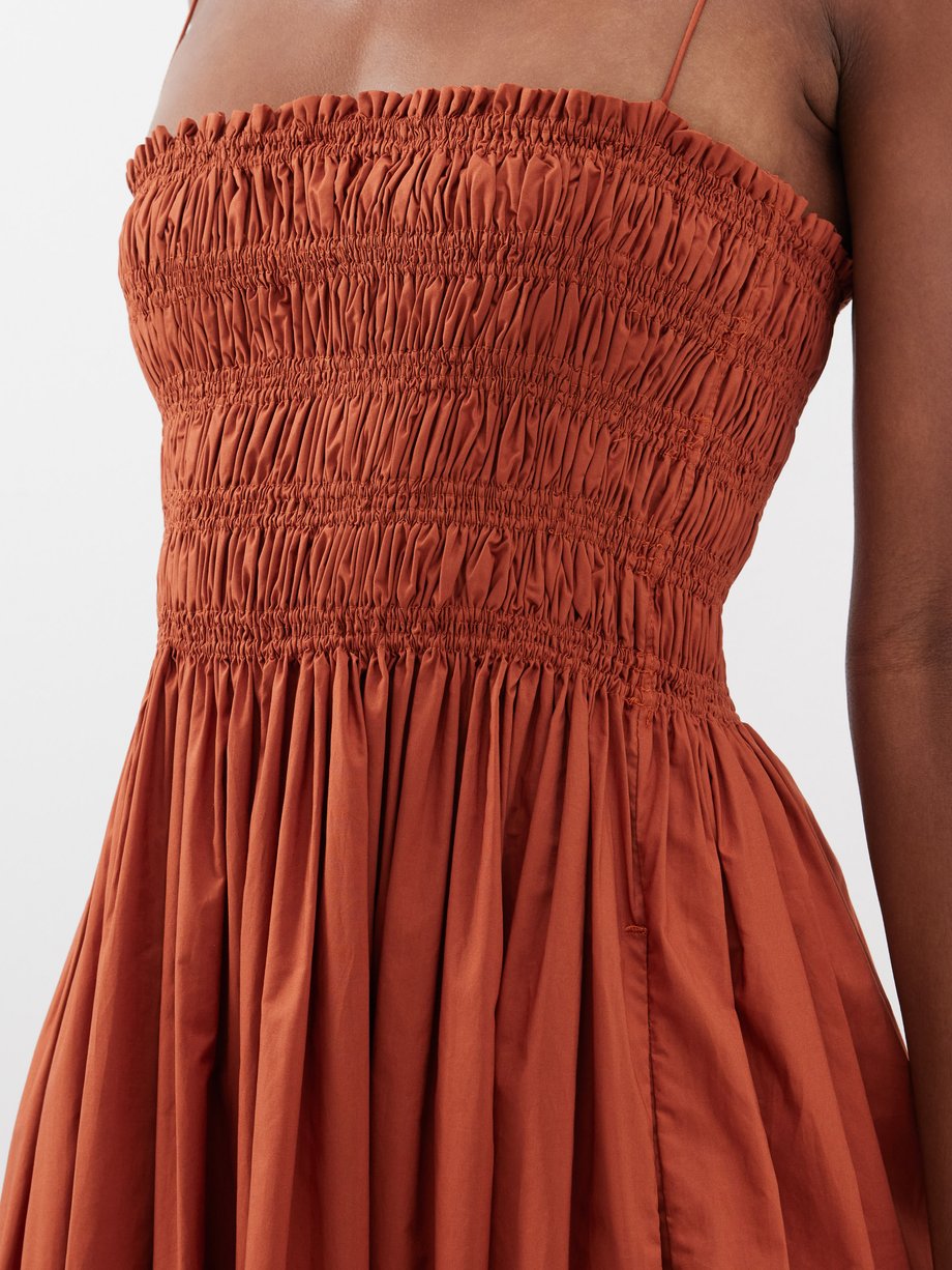 Orange Shirred-bodice organic-cotton poplin midi dress