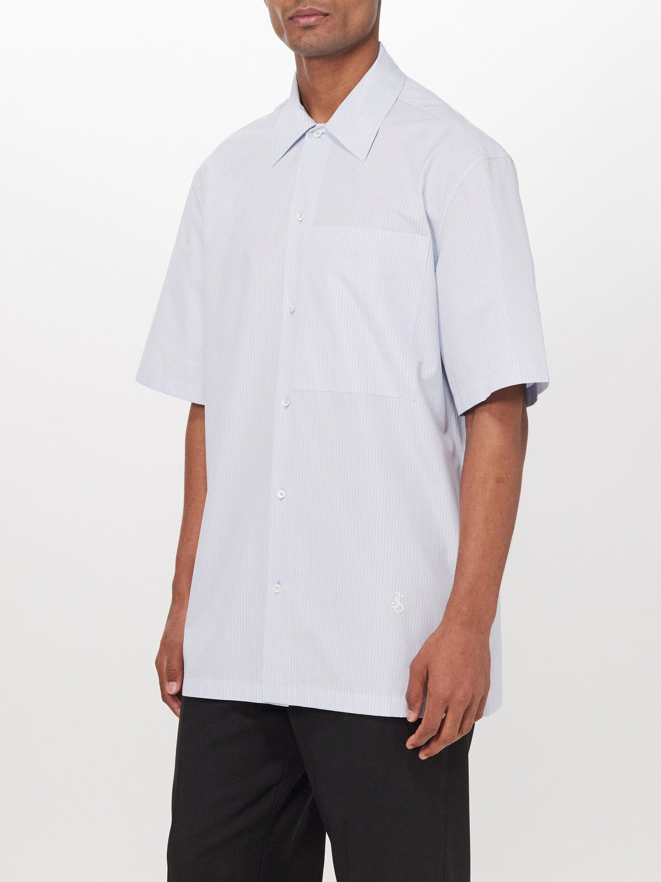 Patch-pocket striped cotton short-sleeved shirt