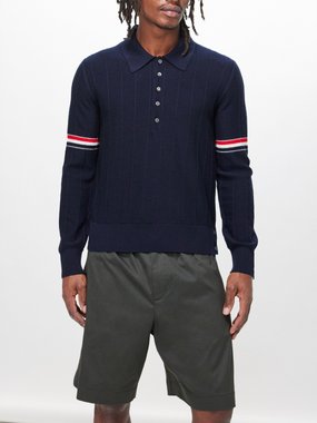 Thom Browne Rib-stitch wool long-sleeved polo shirt
