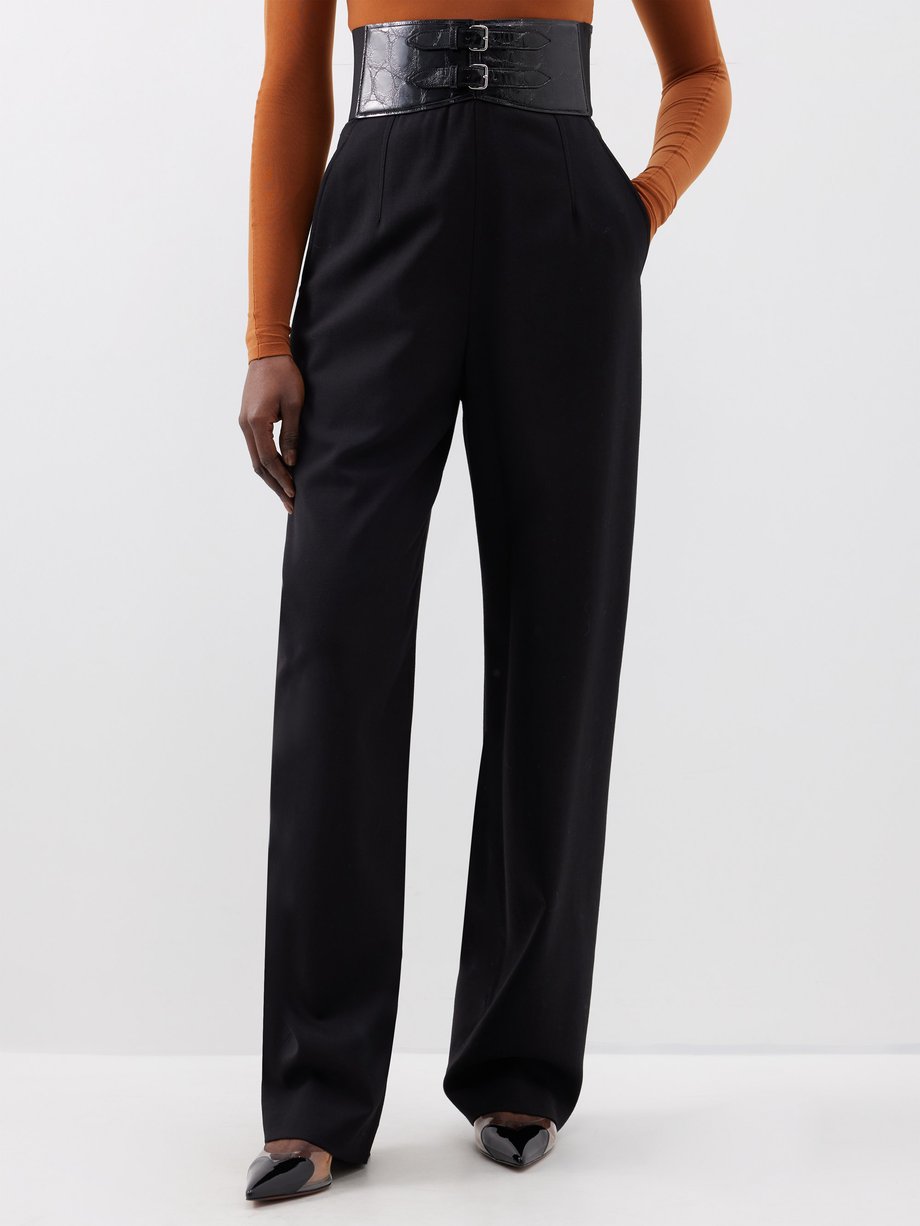 Black Belted-waist wool-blend wide-leg trousers | ALAÏA | MATCHES UK