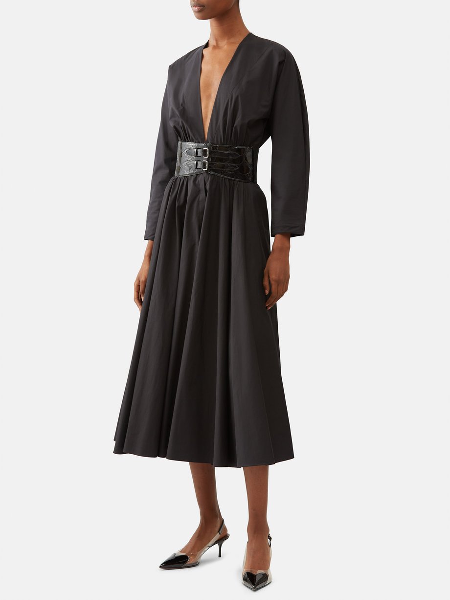 Black V-neck belted cotton-poplin midi dress | ALAÏA | MATCHES UK