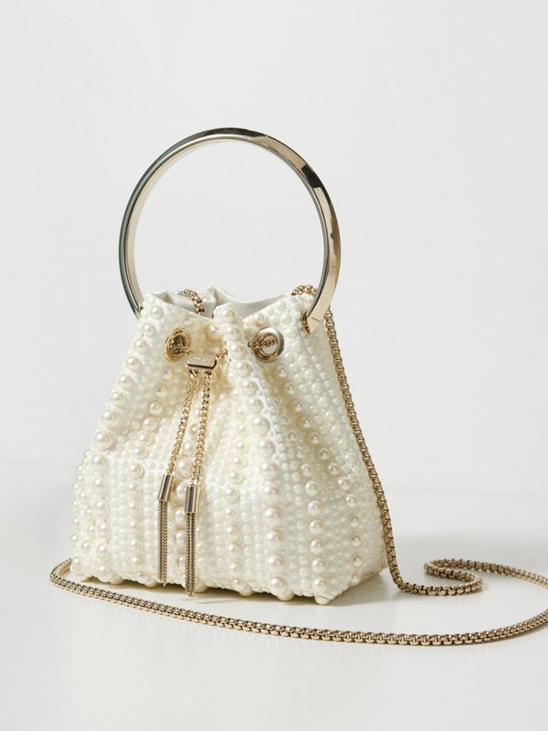White Bon Bon faux pearl-embellished satin clutch bag | Jimmy Choo ...