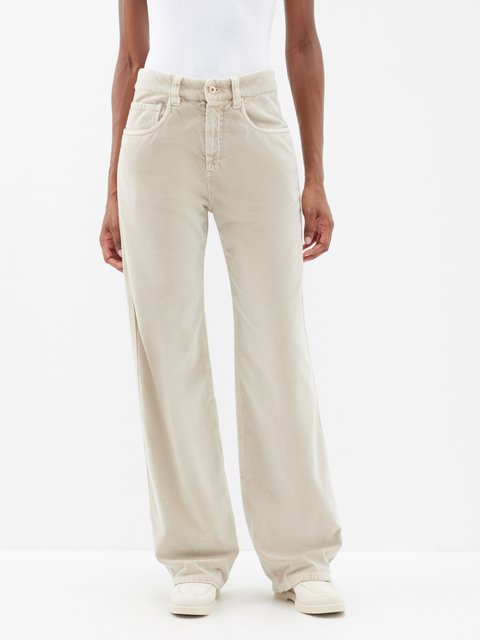 Beige Cotton-velvet straight-leg trousers, Brunello Cucinelli