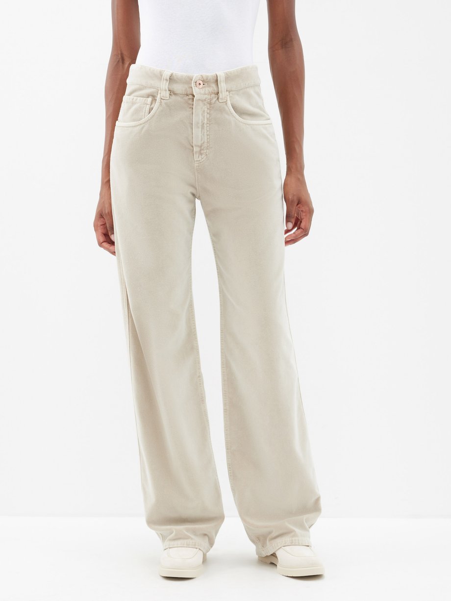 Beige Cotton-velvet straight-leg trousers | Brunello Cucinelli | MATCHES UK