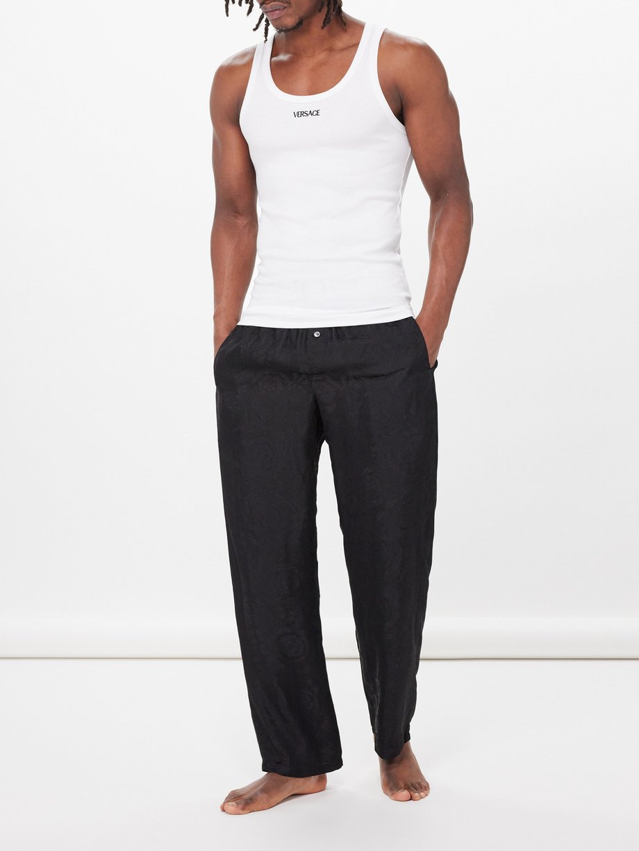White Logo-embroidered ribbed cotton tank top, Versace