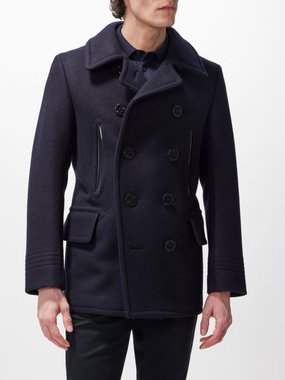 Tom Ford Double-breasted leather-trim wool-blend peacoat