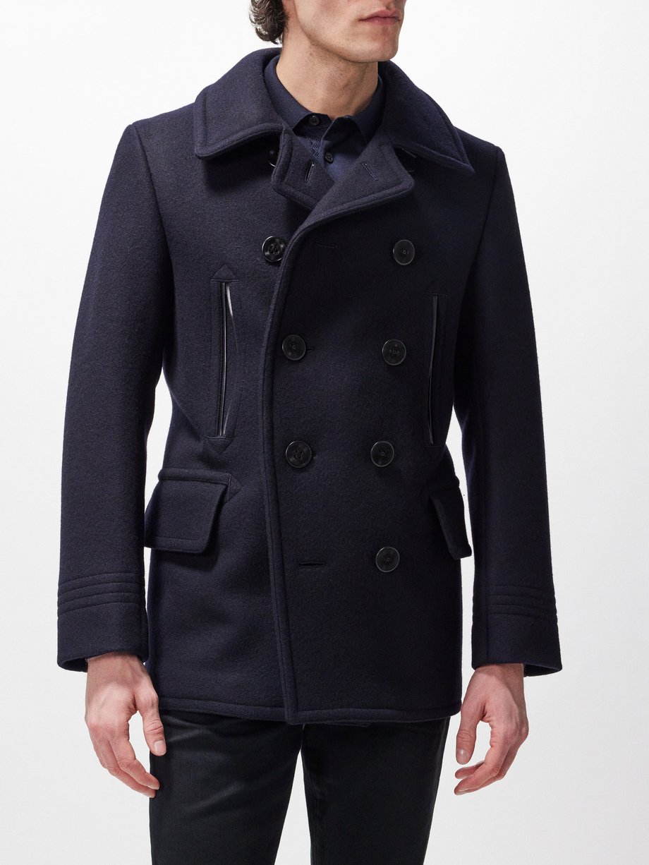 Navy Double-breasted leather-trim wool-blend peacoat | Tom Ford ...