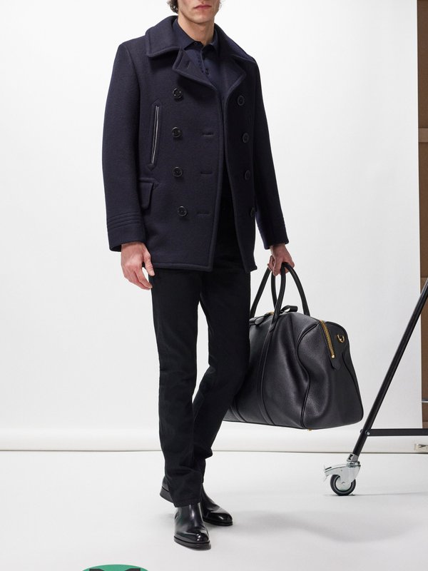 Tom Ford Double-breasted leather-trim wool-blend peacoat