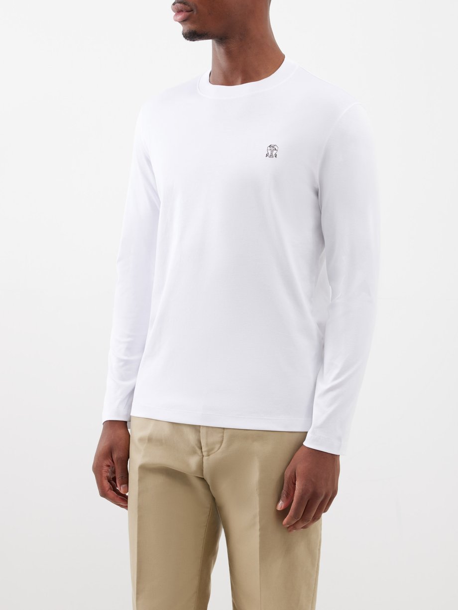 White Logo-embroidered long-sleeve cotton-jersey T-shirt
