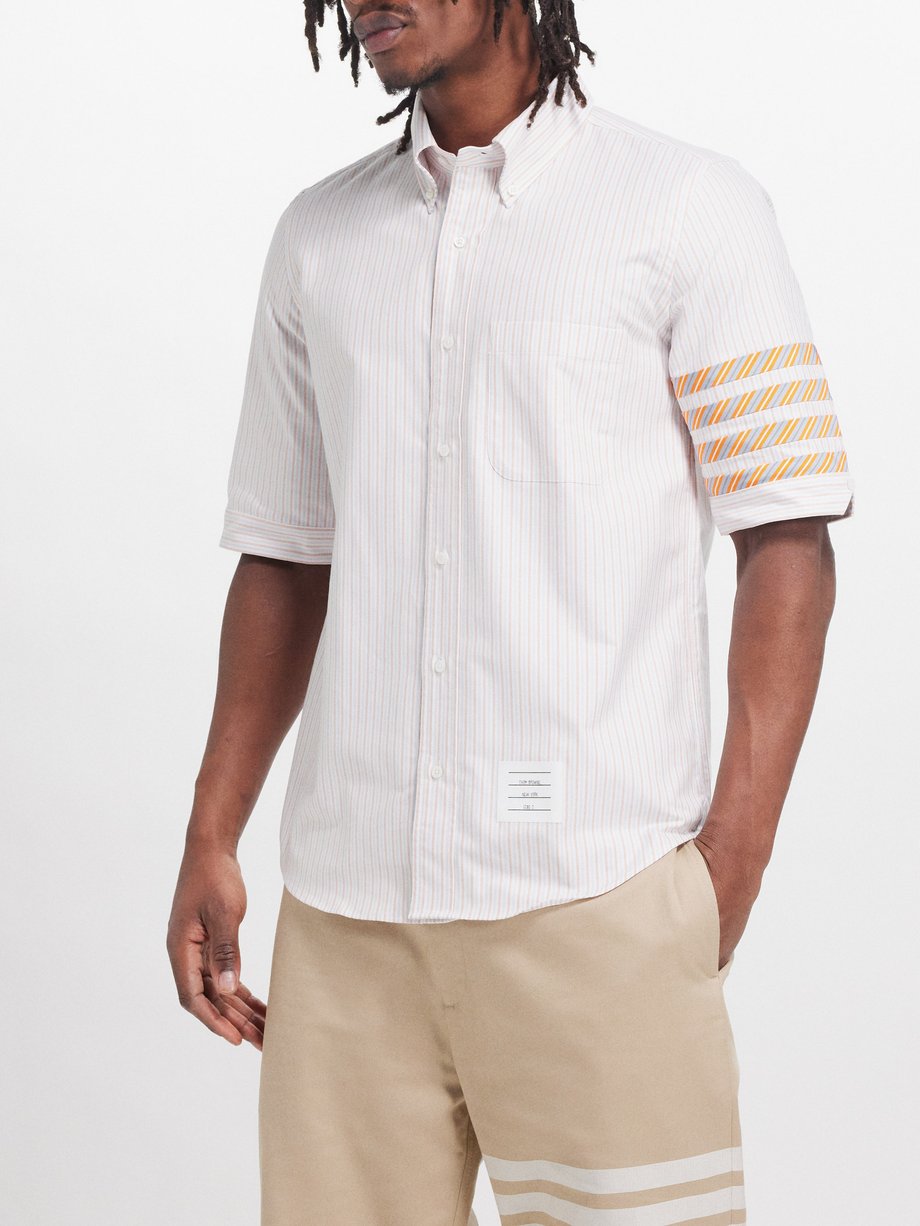 Thom Browne 4-bar striped cotton-Oxford short-sleeved shirt