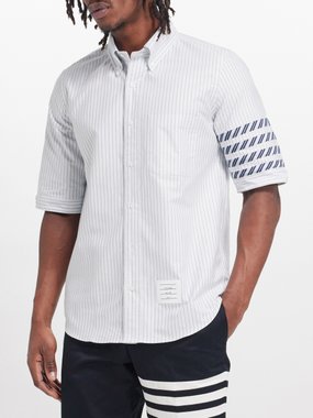 Thom Browne 4-bar striped cotton-Oxford short-sleeved shirt