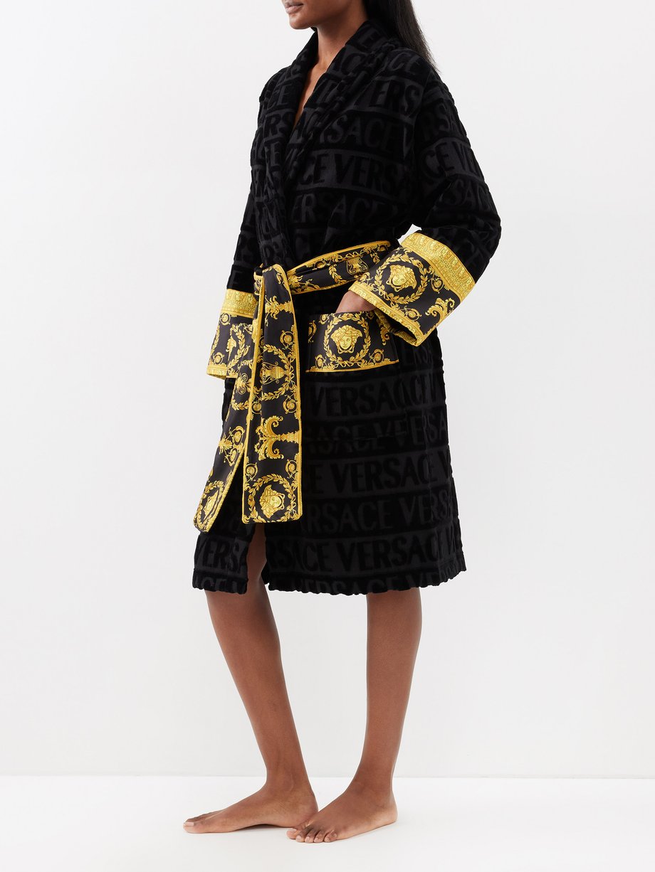 Black I Love Baroque logo-jacquard cotton-terry bathrobe | Versace ...