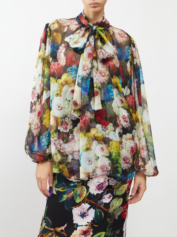 Tie-neck printed silk-chiffon blouse