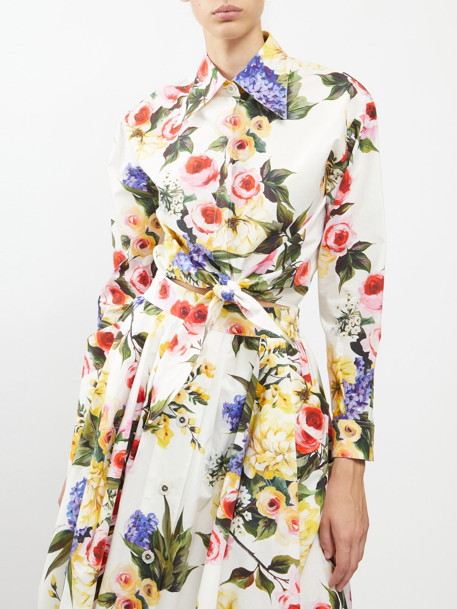White Floral-print cotton-poplin cropped shirt | Dolce & Gabbana ...