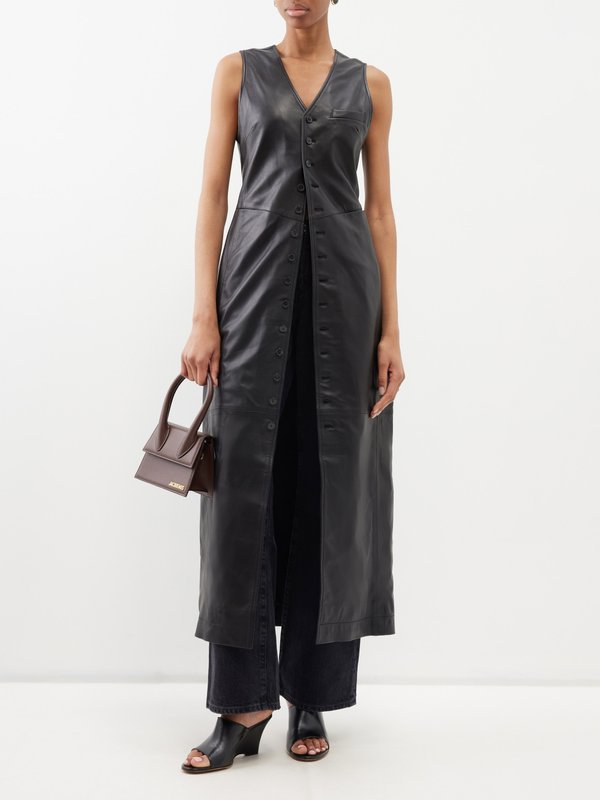 FRAME V-neck buttoned leather midi dress