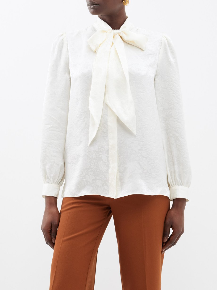 White Pussybow floral-jacquard silk blouse | FRAME | MATCHES UK