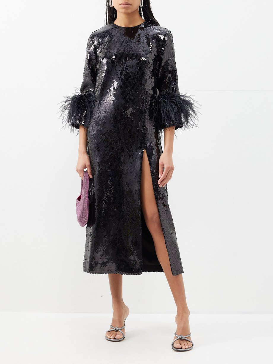 Black Billie feather-trim sequinned midi dress | 16Arlington | MATCHES UK