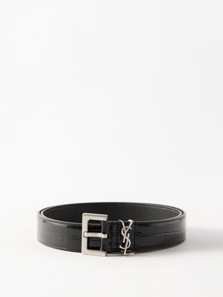 Black YSL-plaque crocodile-effect leather belt | Saint Laurent ...