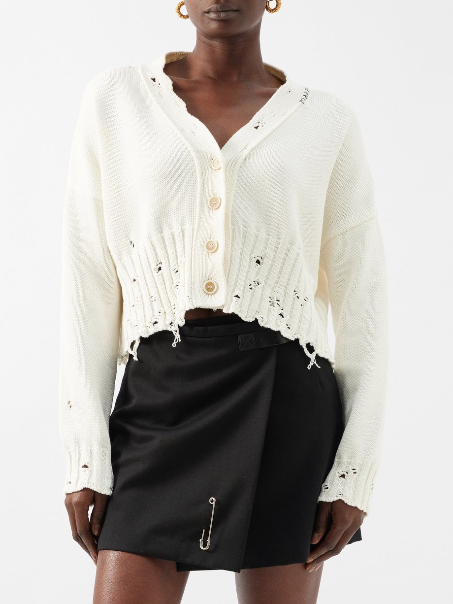 White Logo-embroidered distressed cotton cardigan | Marni | MATCHES UK
