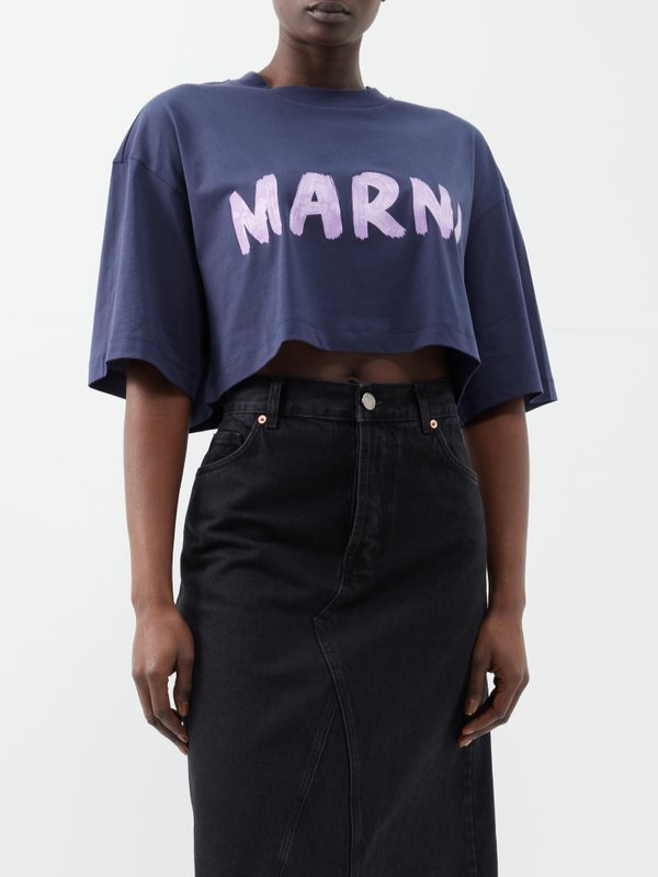 Navy Logo-print cotton-jersey cropped T-shirt | Marni | MATCHES UK