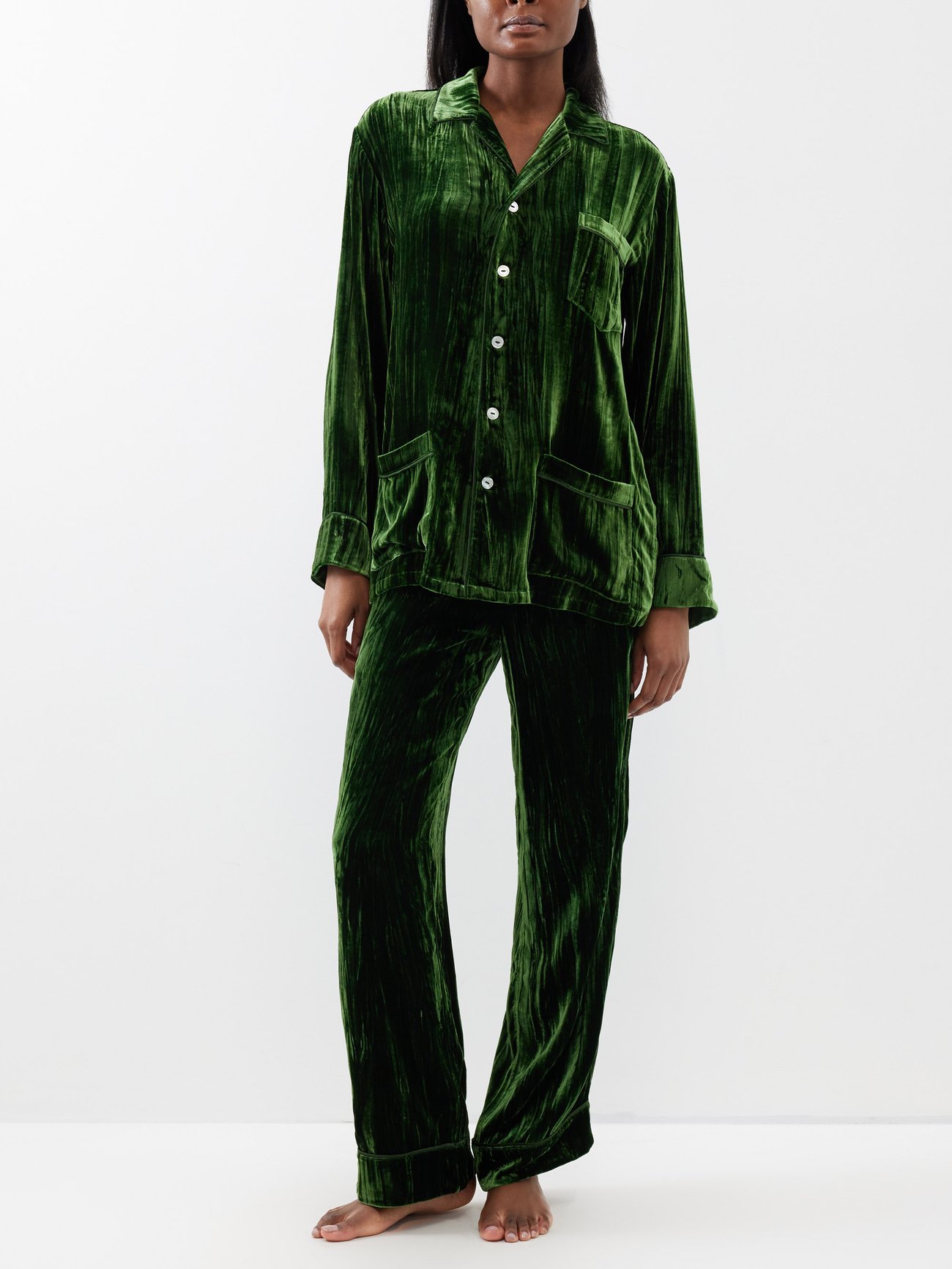 Green OLIVIA VON HALLE
Yves crinkled-velvet pyjamas
 made from 82% rayon, 18% silk.
Shirt: Cuban collar, button front. Trousers: Side slip pockets, drawstring, elasticated waistband