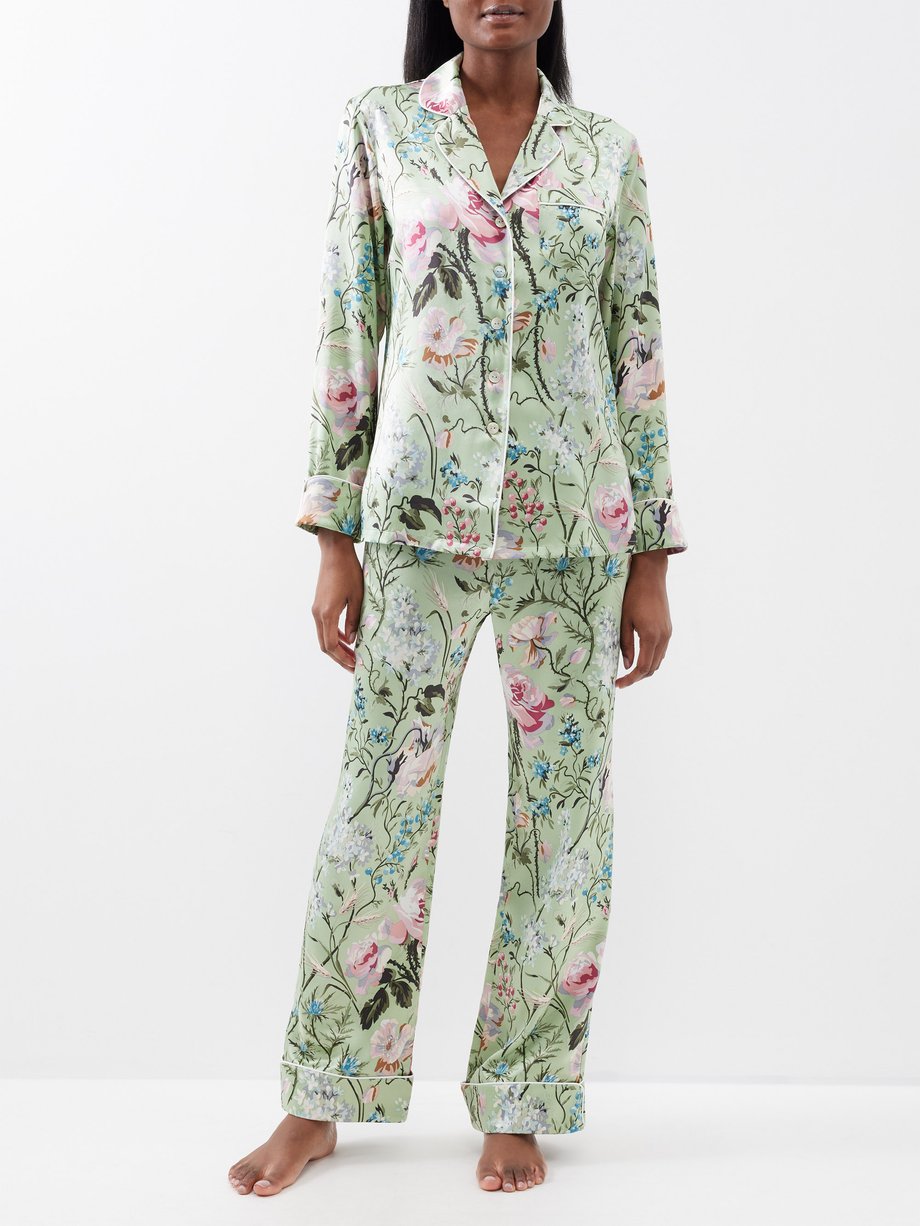 Green Lila floral-print silk-satin pyjamas | Olivia von Halle | MATCHES UK