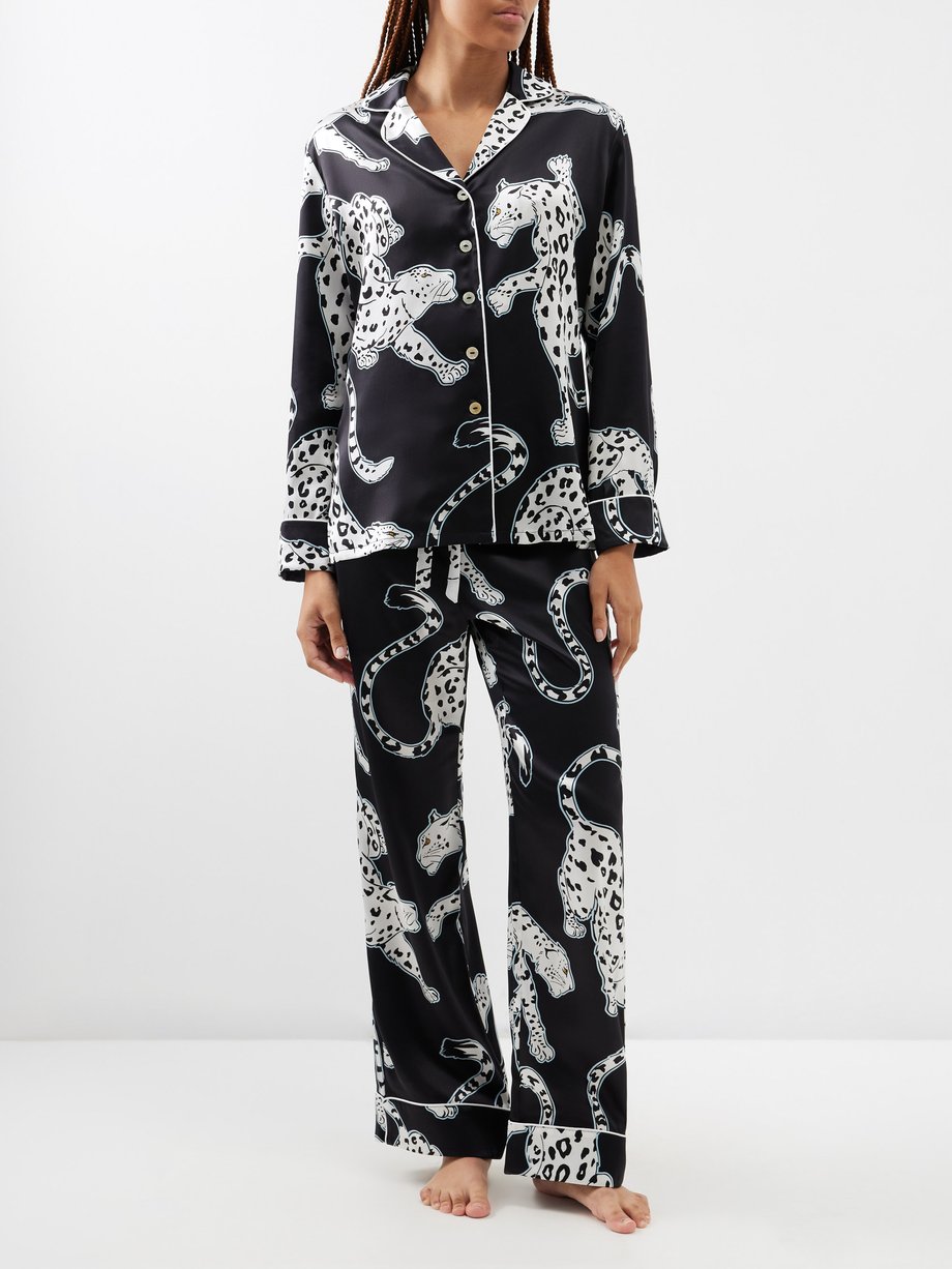 Black Lila printed silk-satin pyjama set | Olivia von Halle | MATCHES UK