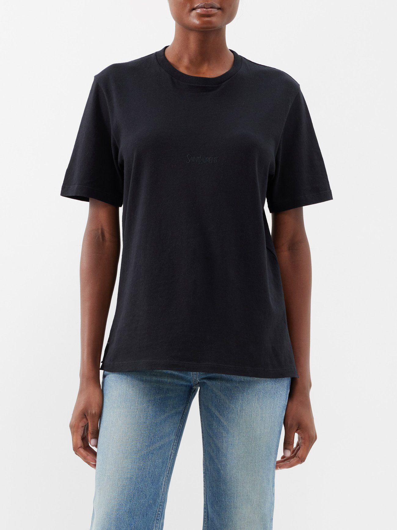 Black Logo-embroidered organic-cotton T-shirt | Saint Laurent ...