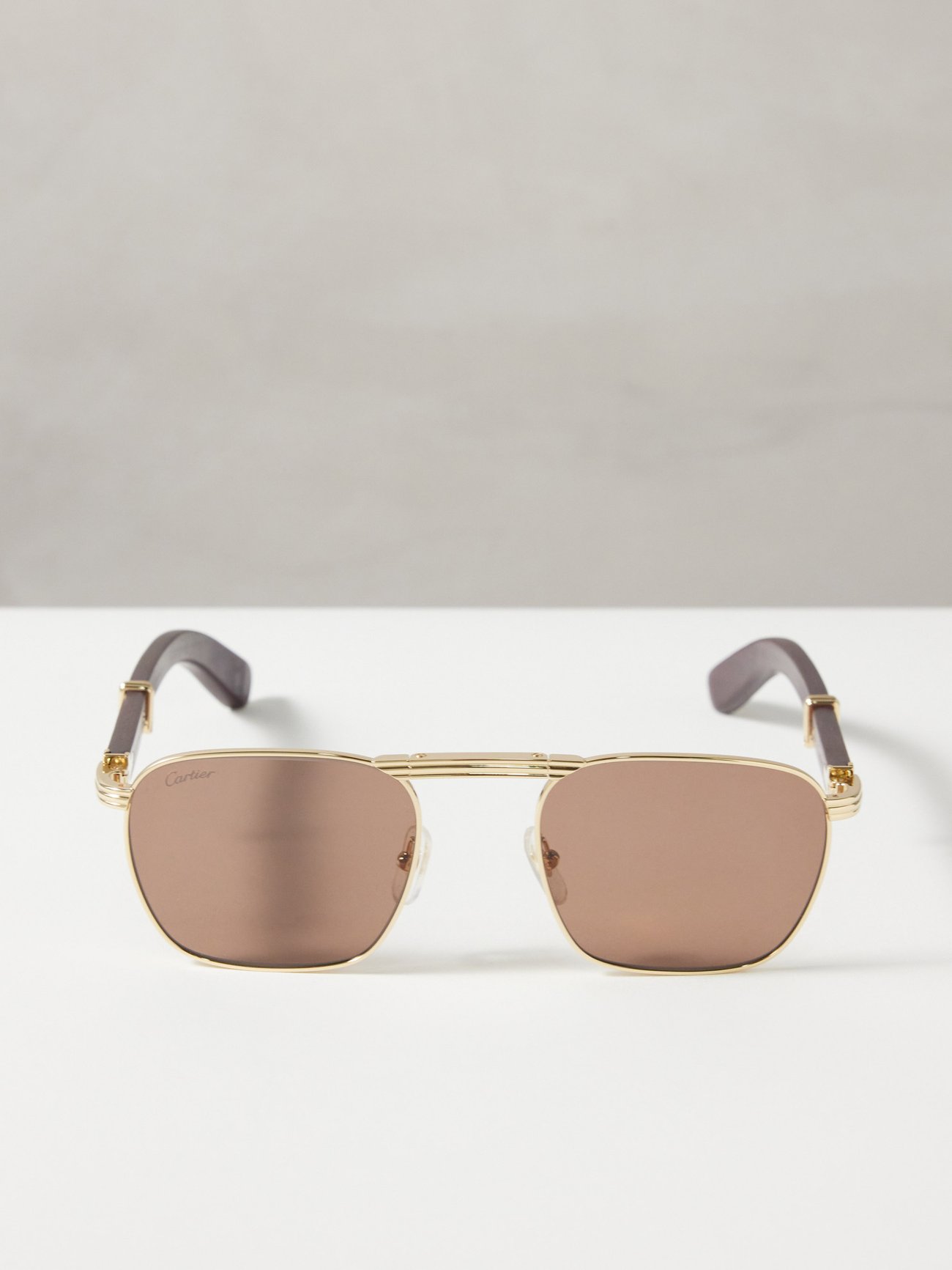 Gold Premi re square metal wood foldable sunglasses Cartier