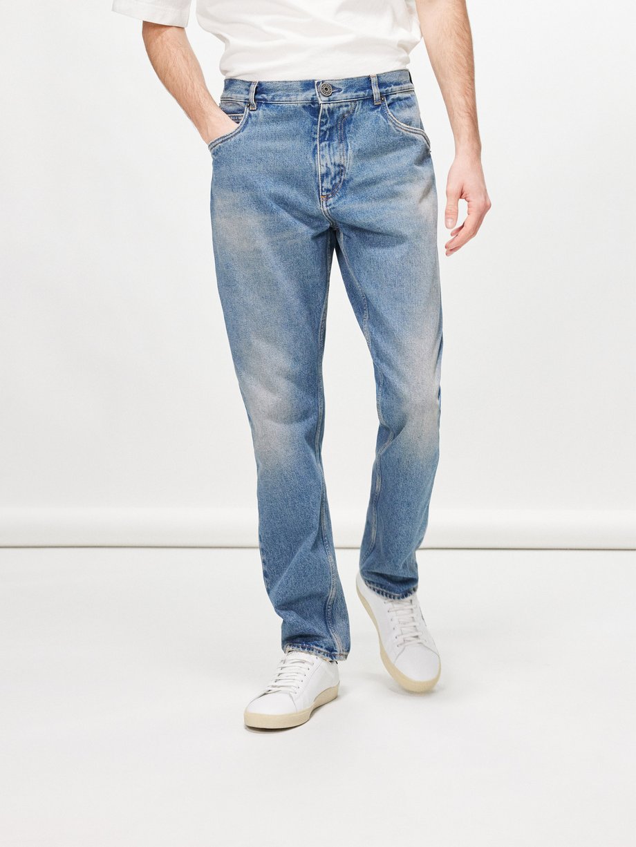 Blue Logo-embroidered faded jeans | Balmain | MATCHES UK