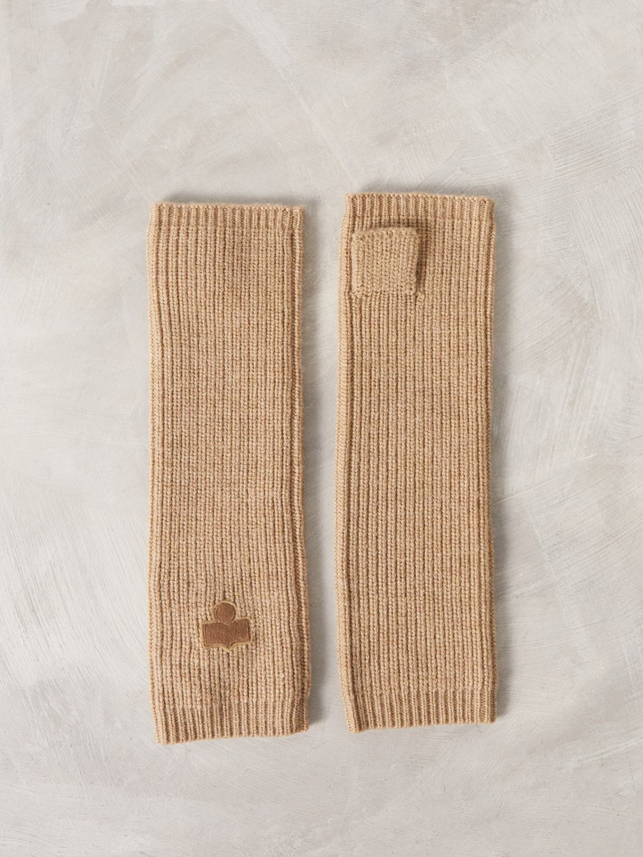 Ribbed Wool Fingerless Mittens, Apple