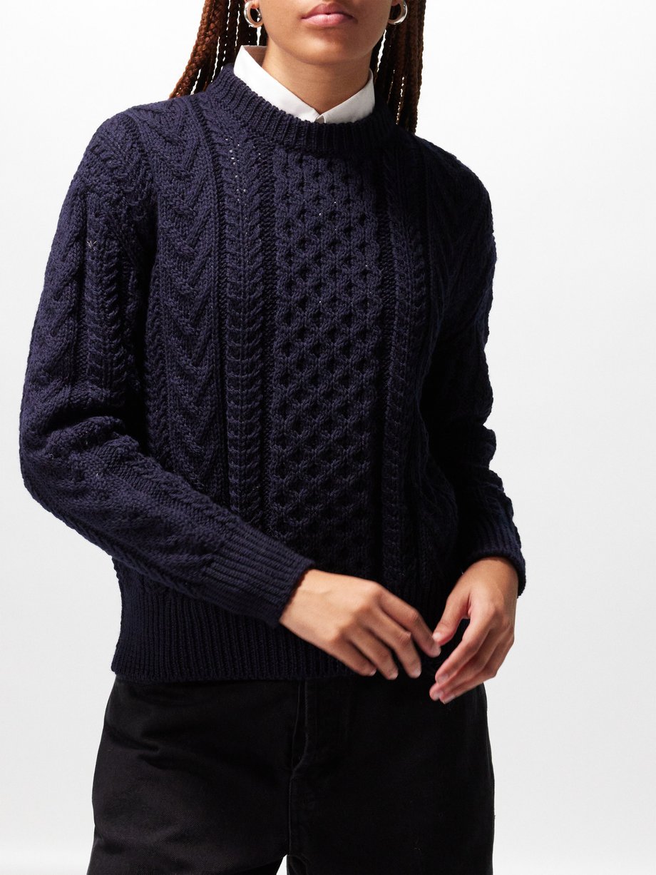 Navy Aran cable-knit wool sweater, &Daughter