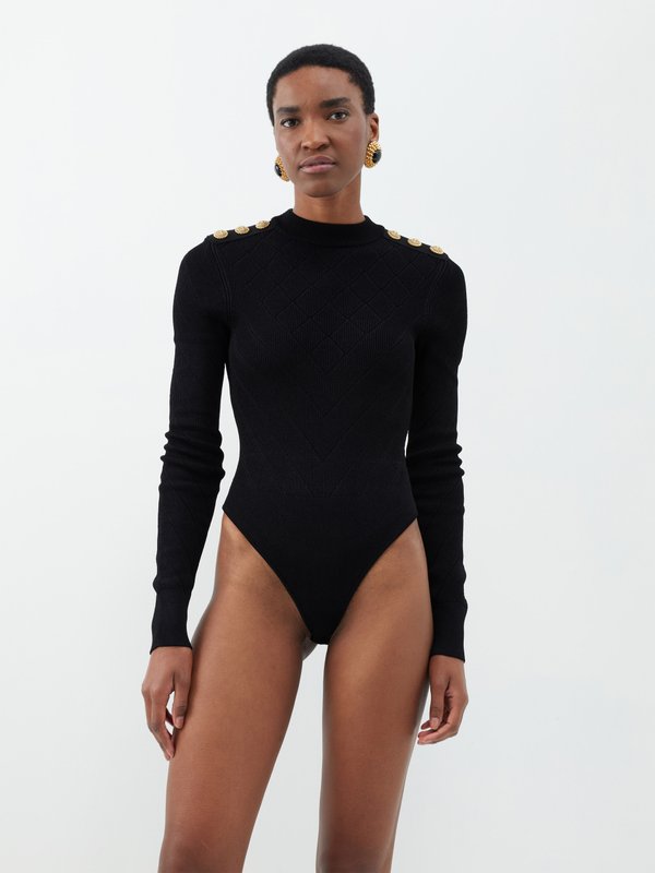 Black 6 button open-back knit bodysuit, Balmain