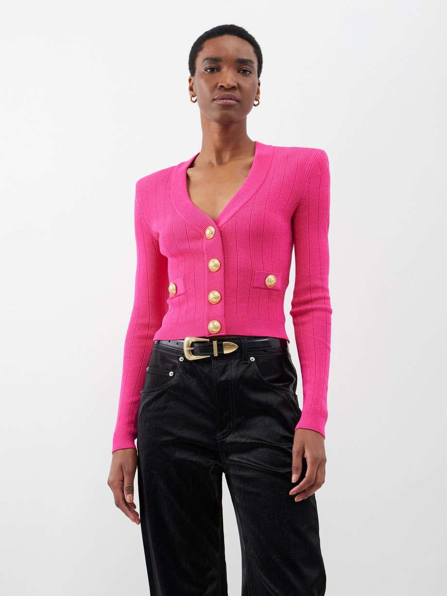 Pink String shoulder button-down knit cardigan | Balmain | MATCHES UK