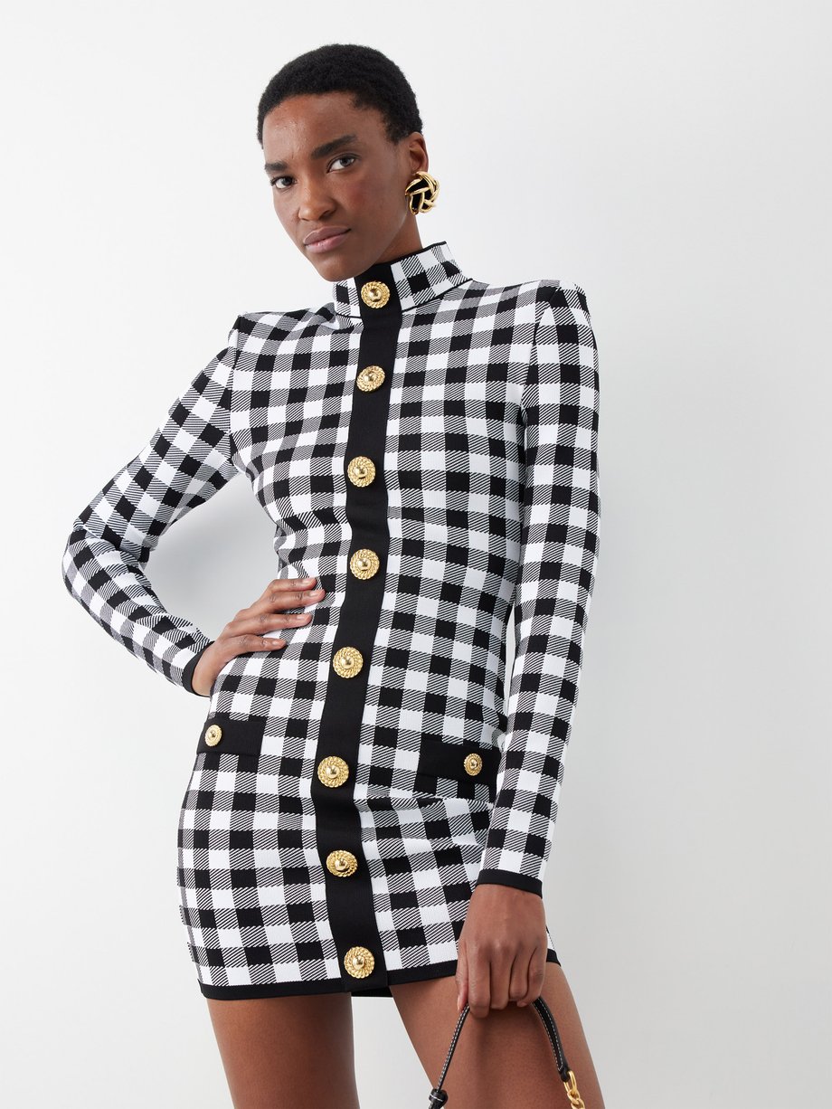 Balmain Checked button-embellished knitted mini dress