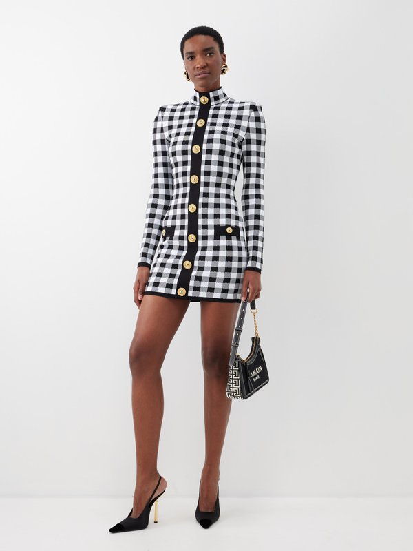 Balmain Checked button-embellished knitted mini dress