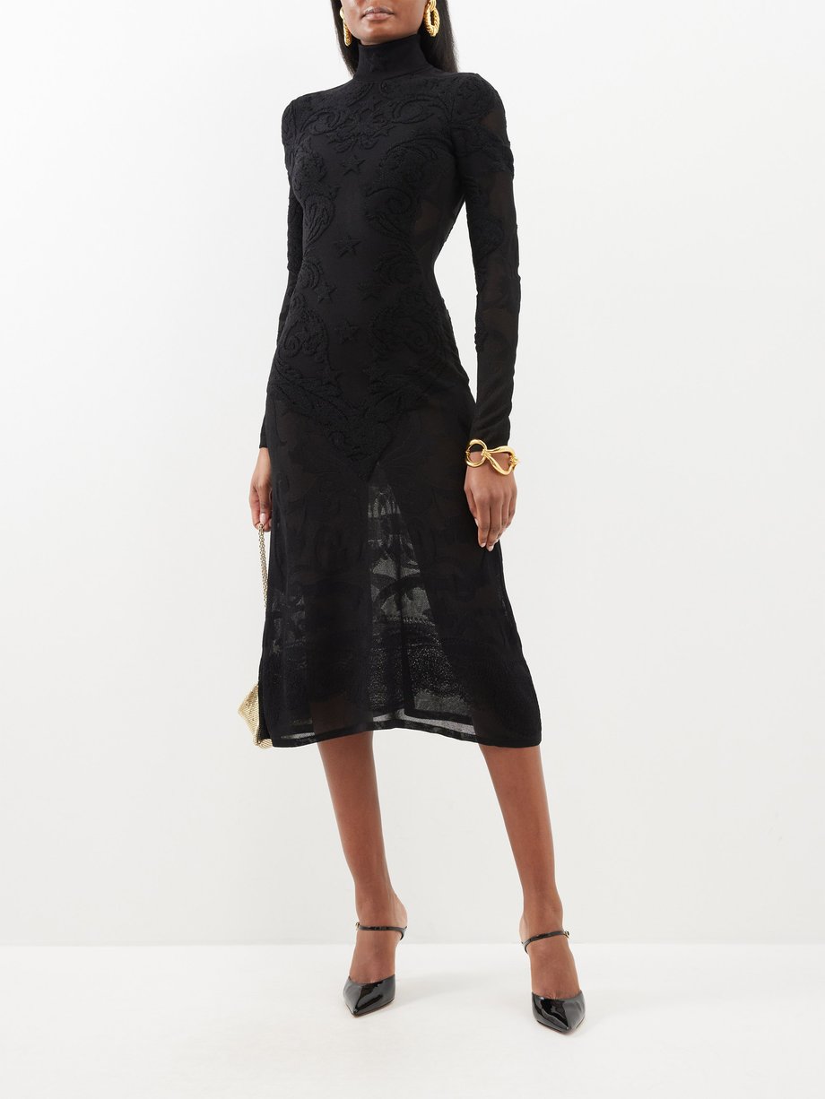 Black Baroque-embroidered sheer-knit midi dress | Balmain | MATCHES UK
