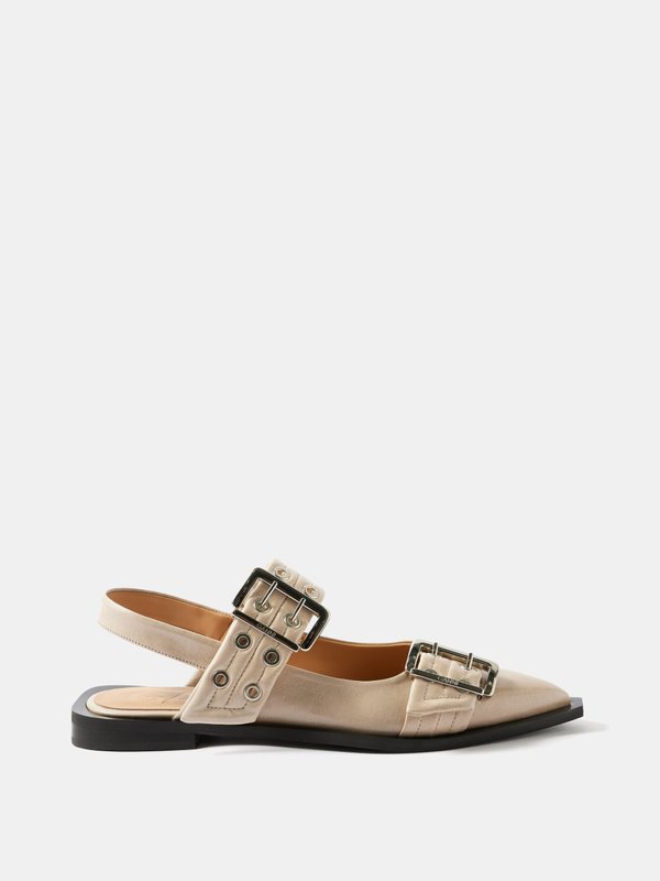 Beige Point-toe buckled coated-canvas flats | Ganni | MATCHES UK