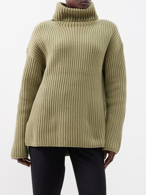 Rainbow Rib-Knit Turtleneck Drop Shoulder Sweater