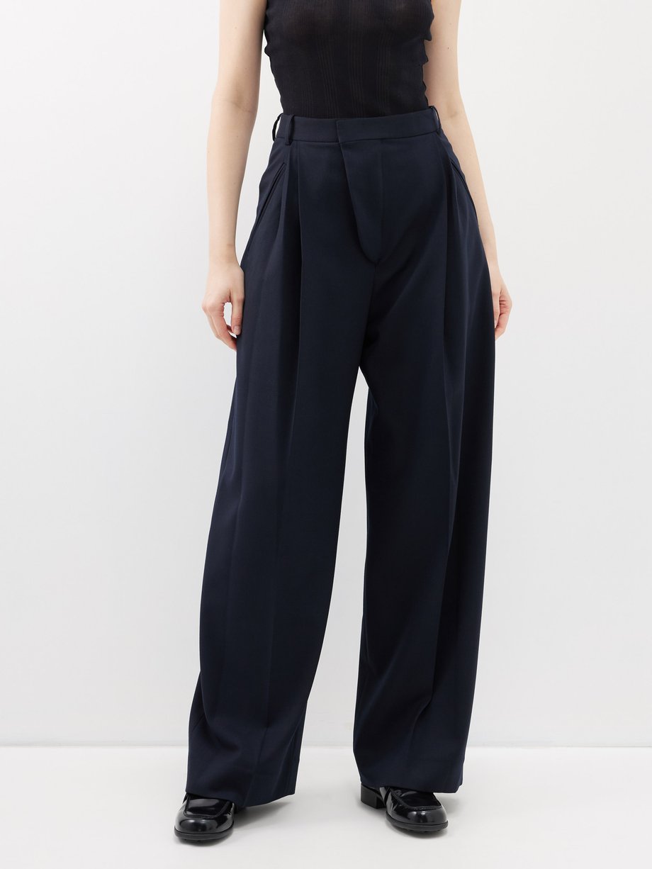 Navy High-rise pleated twill wide-leg trousers | Victoria Beckham ...