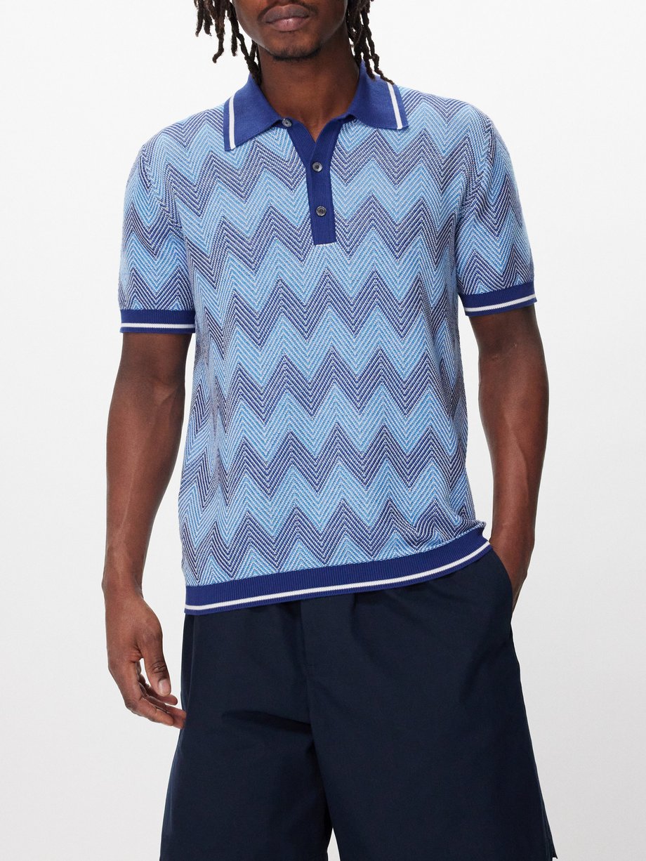 Blue Zigzag-striped knitted cotton polo shirt | Missoni | MATCHES UK