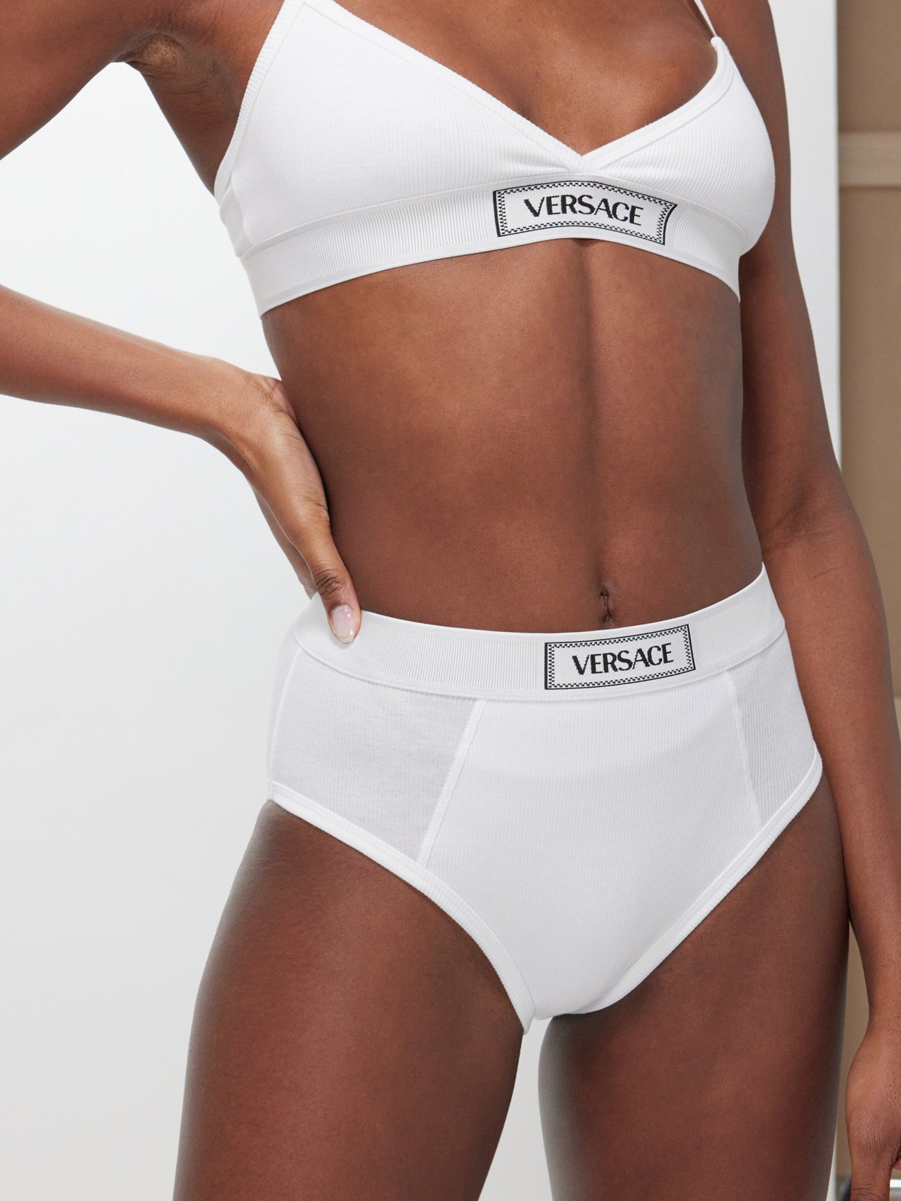 White Logo-jacquard ribbed cotton-blend bra, Versace